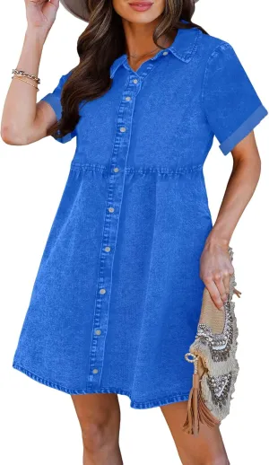 luvamia Women's Casual Short Sleeve Button Down Tiered Denim Babydoll Jean Dress