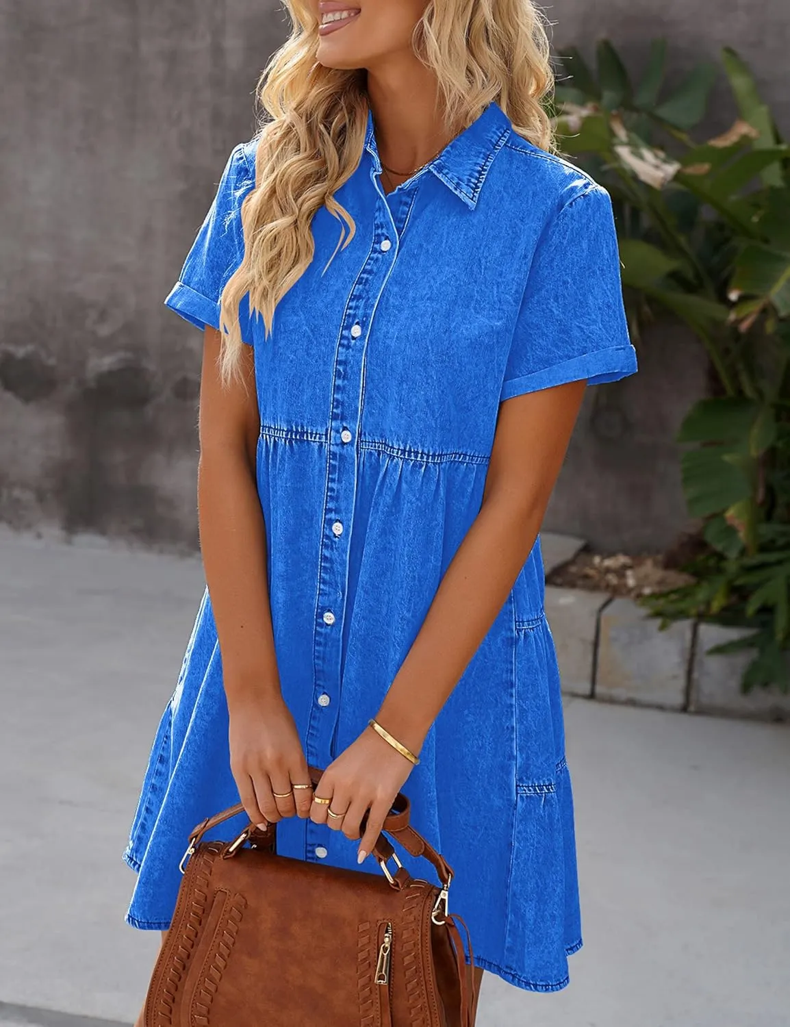 luvamia Women's Casual Short Sleeve Button Down Tiered Denim Babydoll Jean Dress