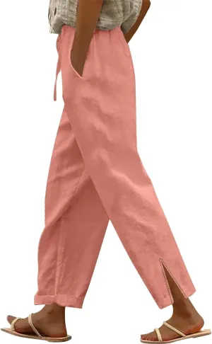 Luxury Linen Blend Trousers High Waist Wide Leg Women's 2025 Summer Beach Palazzo Pants with Belt Loops