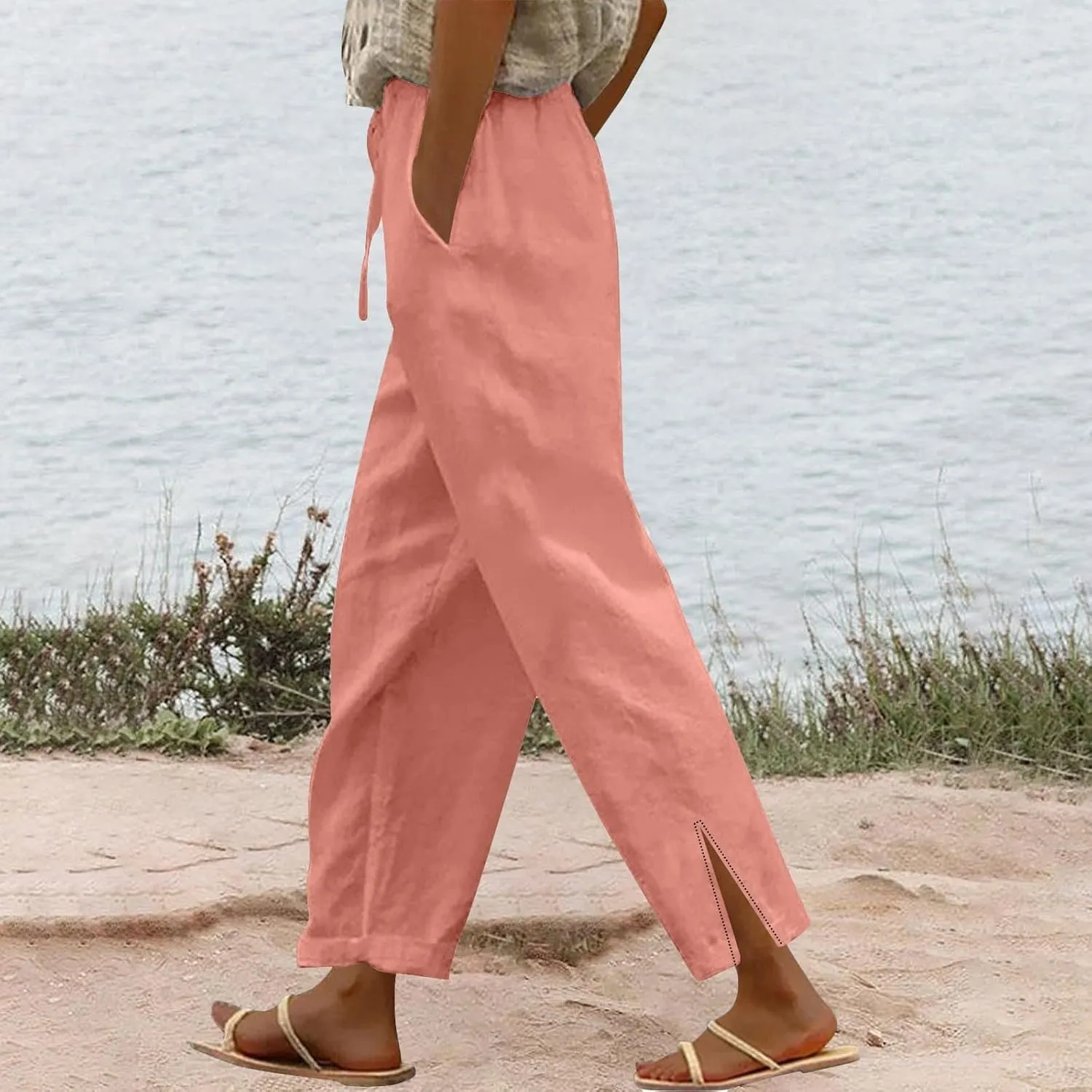 Luxury Linen Blend Trousers High Waist Wide Leg Women's 2025 Summer Beach Palazzo Pants with Belt Loops