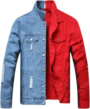 LZLER Jean Jacket for Men,Separable Left&Right Ripped Slim Fit Mens Denim Jacket