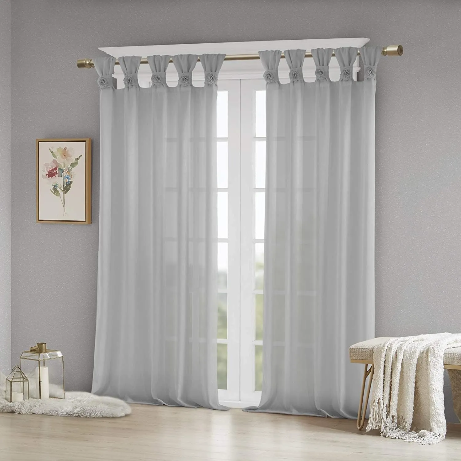 Madison Park Rosette Floral Embellished Cuff Tab Top Solid Single Window Treatments Curtain Panel Drape for Bedroom Living Room and Dorm, 50"x63", Grey