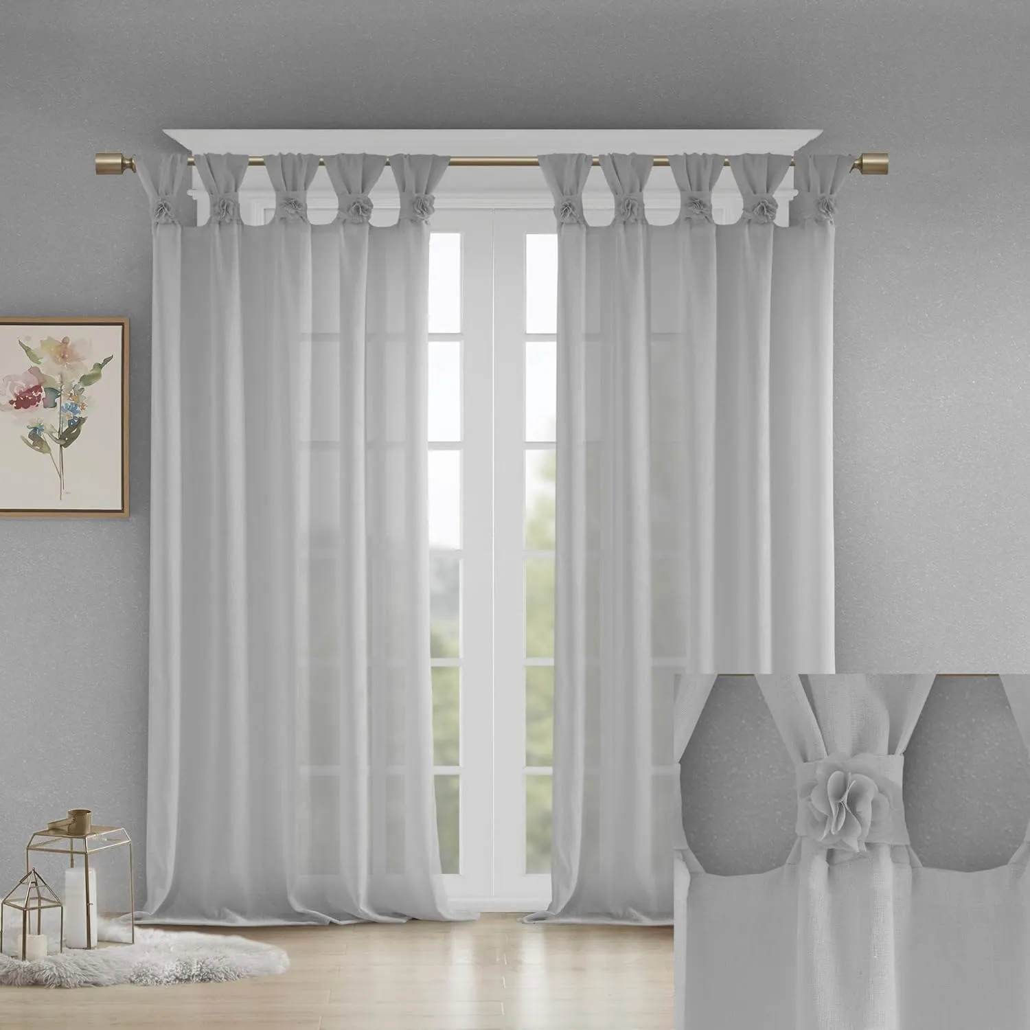 Madison Park Rosette Floral Embellished Cuff Tab Top Solid Single Window Treatments Curtain Panel Drape for Bedroom Living Room and Dorm, 50"x63", Grey