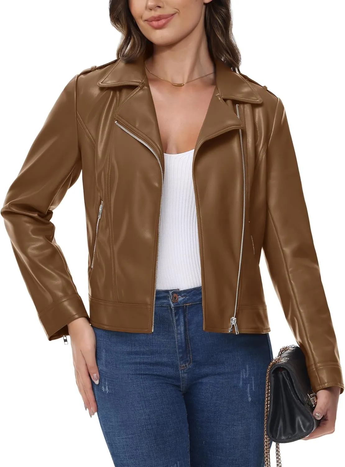 MAGCOMSEN Women's Leather Casual Jacket Lightweight Faux Leather Fall Spring Biker Vintage Jackets