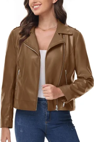 MAGCOMSEN Women's Leather Casual Jacket Lightweight Faux Leather Fall Spring Biker Vintage Jackets
