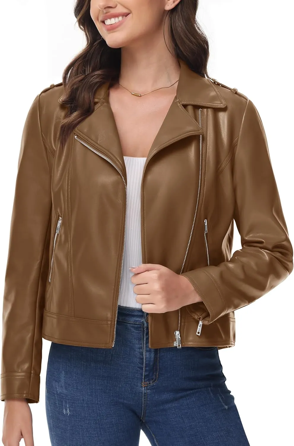 MAGCOMSEN Women's Leather Casual Jacket Lightweight Faux Leather Fall Spring Biker Vintage Jackets