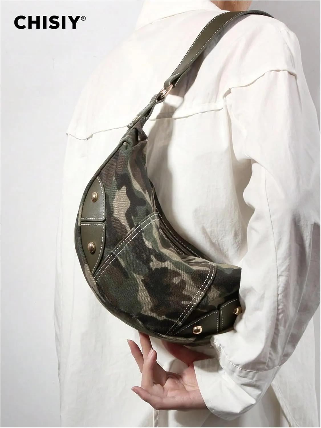 MakeMeChic Women's Camo Studded Shoulder Bag Top Handle Zipper Y2k Handbag Clutch Purse