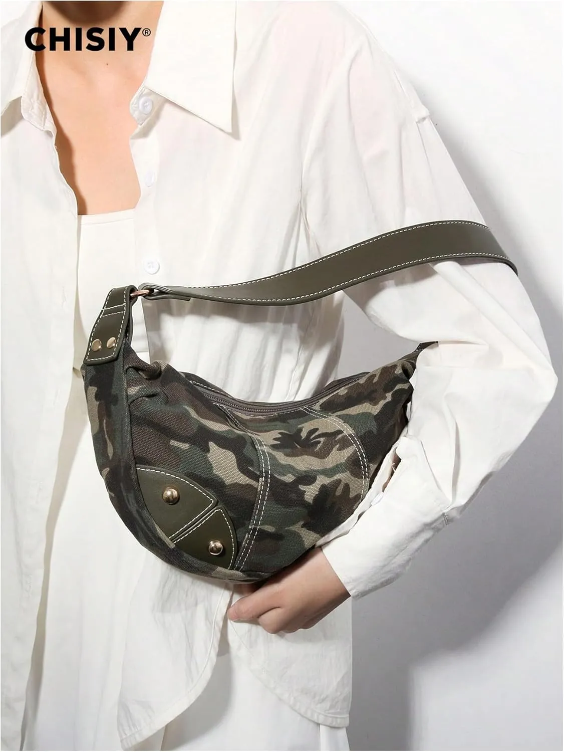 MakeMeChic Women's Camo Studded Shoulder Bag Top Handle Zipper Y2k Handbag Clutch Purse