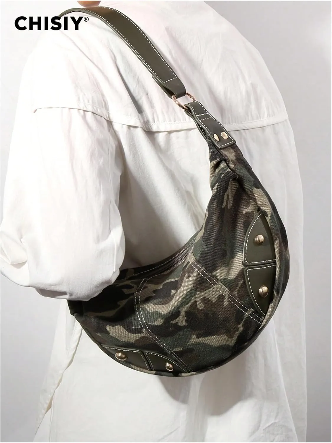 MakeMeChic Women's Camo Studded Shoulder Bag Top Handle Zipper Y2k Handbag Clutch Purse