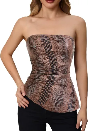MakeMeChic Women's Faux Leather Strapless Tube Tops Asymmetrical Ruched Backless Corset Crop Going Out Tops