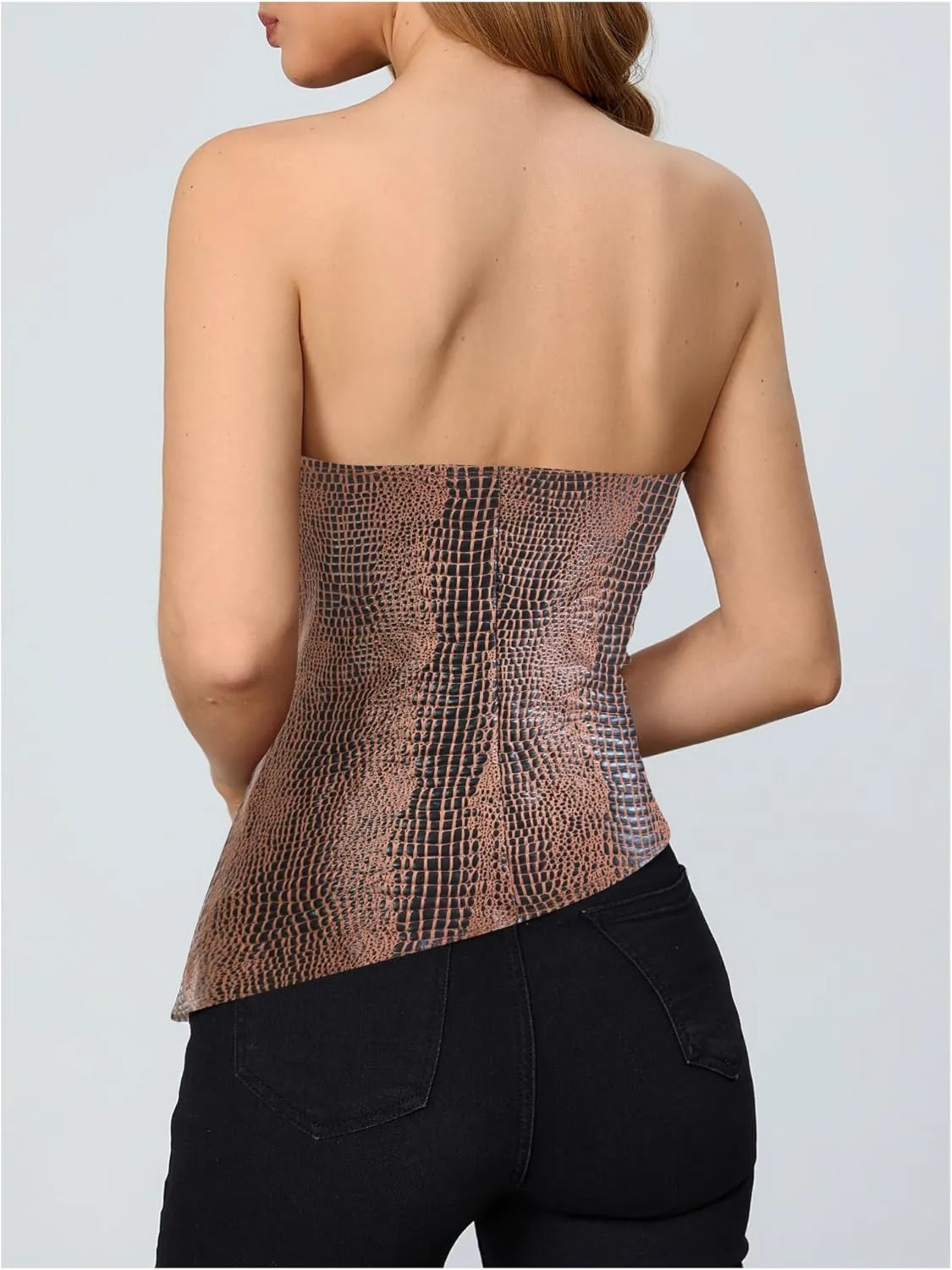 MakeMeChic Women's Faux Leather Strapless Tube Tops Asymmetrical Ruched Backless Corset Crop Going Out Tops