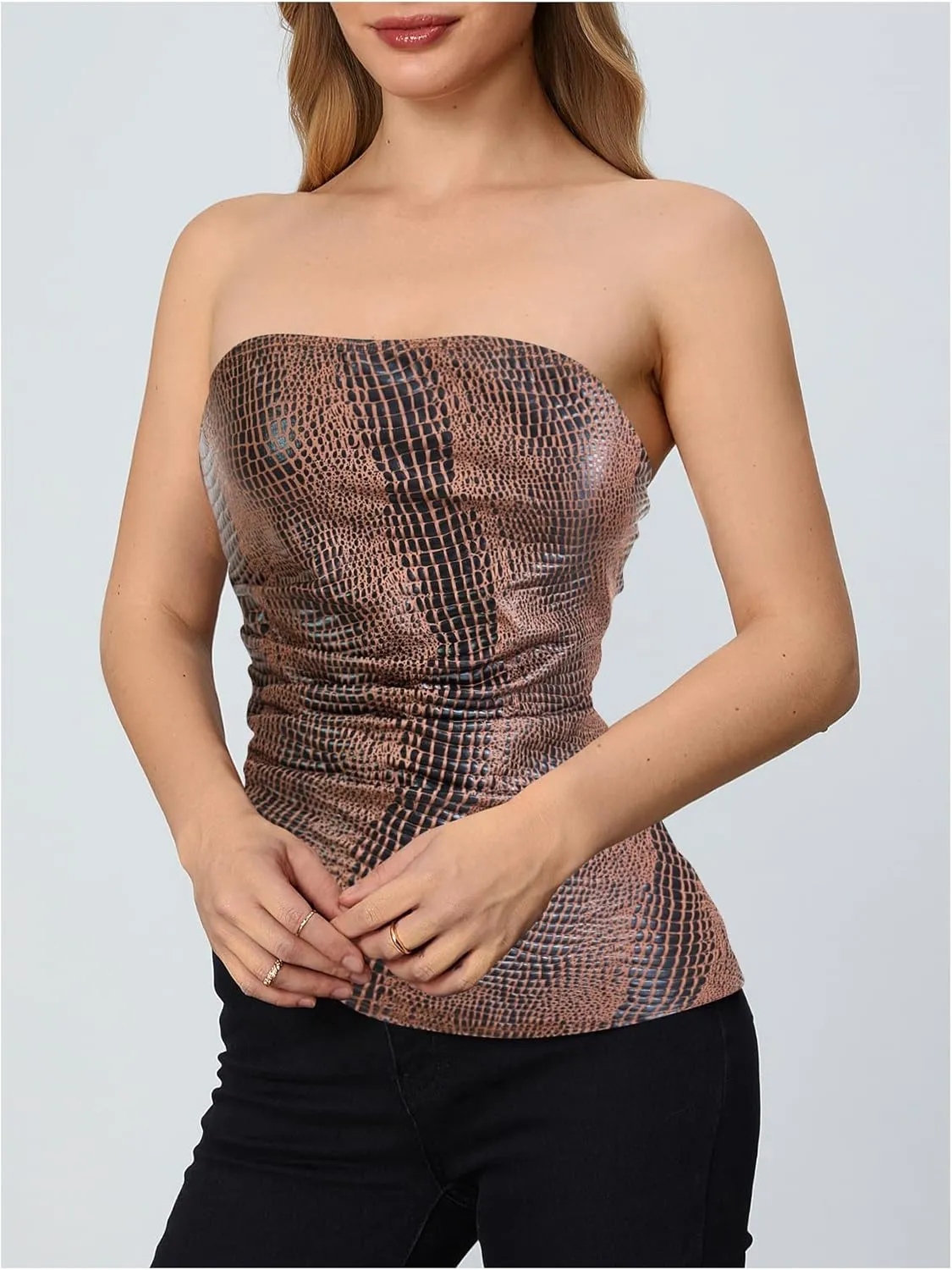 MakeMeChic Women's Faux Leather Strapless Tube Tops Asymmetrical Ruched Backless Corset Crop Going Out Tops