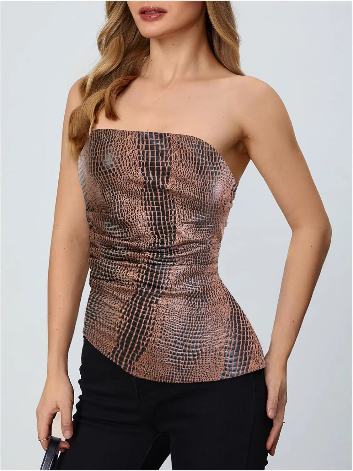 MakeMeChic Women's Faux Leather Strapless Tube Tops Asymmetrical Ruched Backless Corset Crop Going Out Tops
