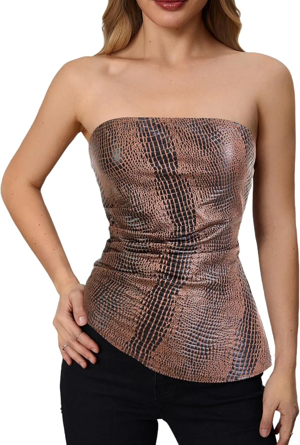 MakeMeChic Women's Faux Leather Strapless Tube Tops Asymmetrical Ruched Backless Corset Crop Going Out Tops