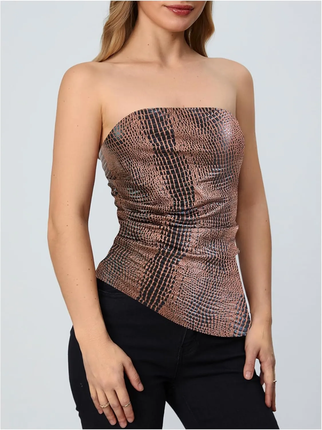 MakeMeChic Women's Faux Leather Strapless Tube Tops Asymmetrical Ruched Backless Corset Crop Going Out Tops