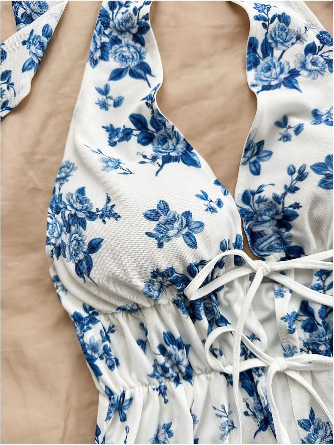 MakeMeChic Women's Floral Print Halter Top Shirred Lettuce Trim Knot Front Summer Shirt