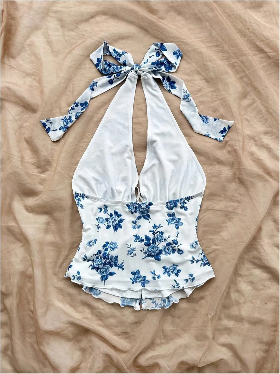 MakeMeChic Women's Floral Print Halter Top Shirred Lettuce Trim Knot Front Summer Shirt