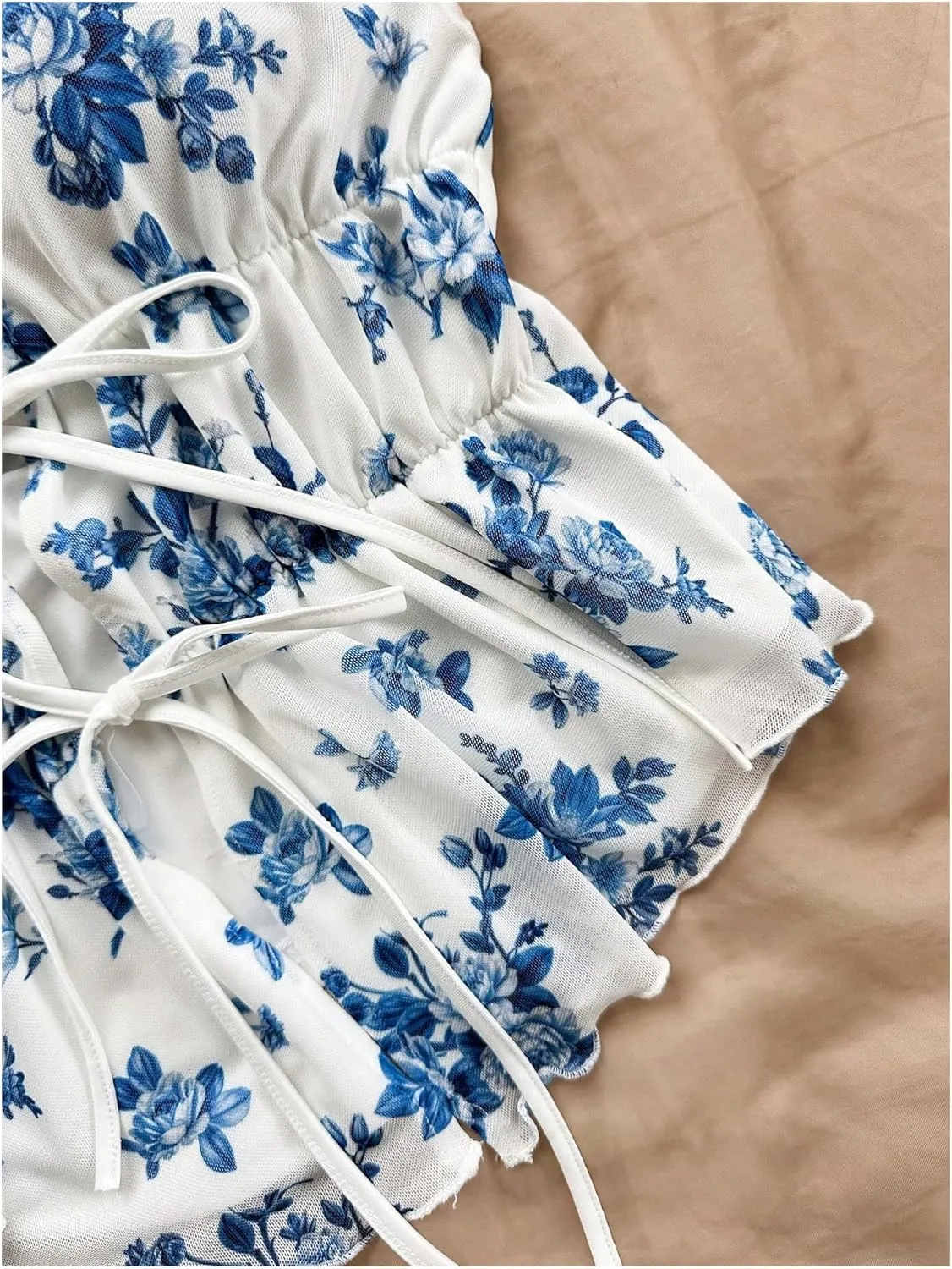MakeMeChic Women's Floral Print Halter Top Shirred Lettuce Trim Knot Front Summer Shirt