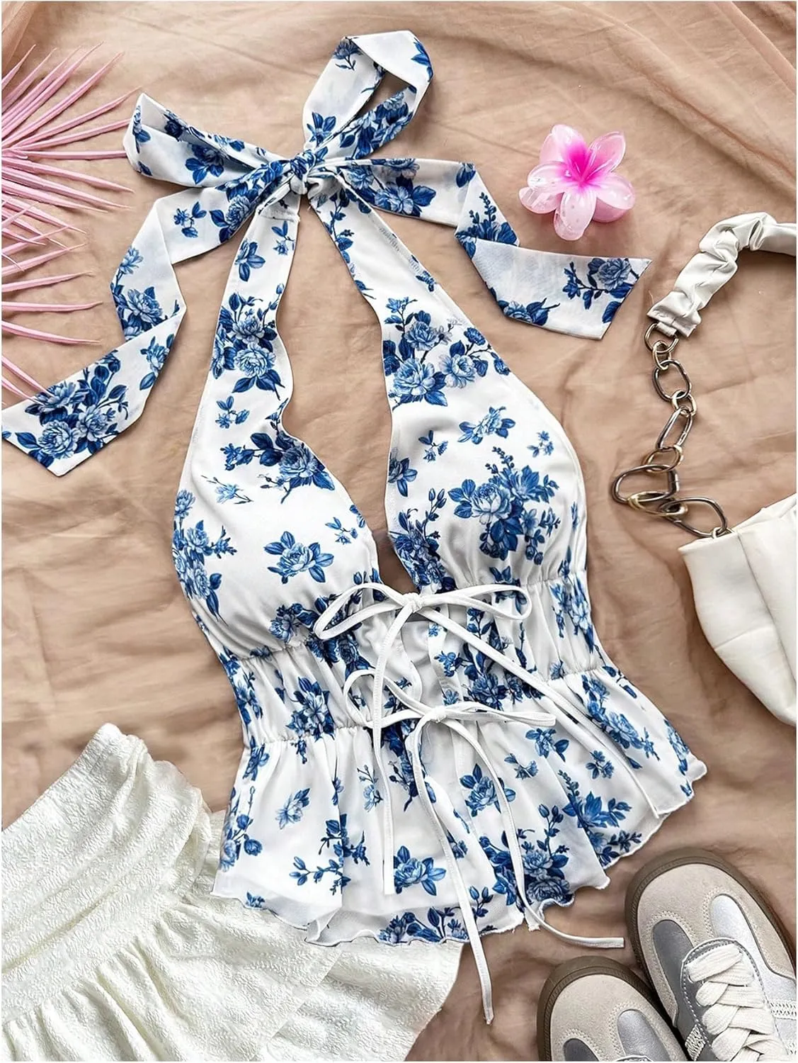 MakeMeChic Women's Floral Print Halter Top Shirred Lettuce Trim Knot Front Summer Shirt
