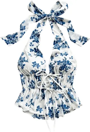 MakeMeChic Women's Floral Print Halter Top Shirred Lettuce Trim Knot Front Summer Shirt
