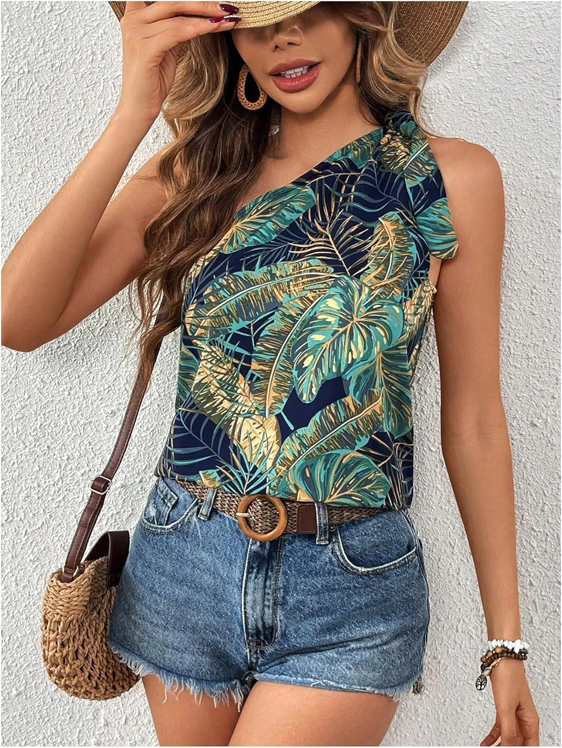 MakeMeChic Women's One Shoulder Blouse Top Tropical Print Tie Side Boho Sleeveless Summer Shirts