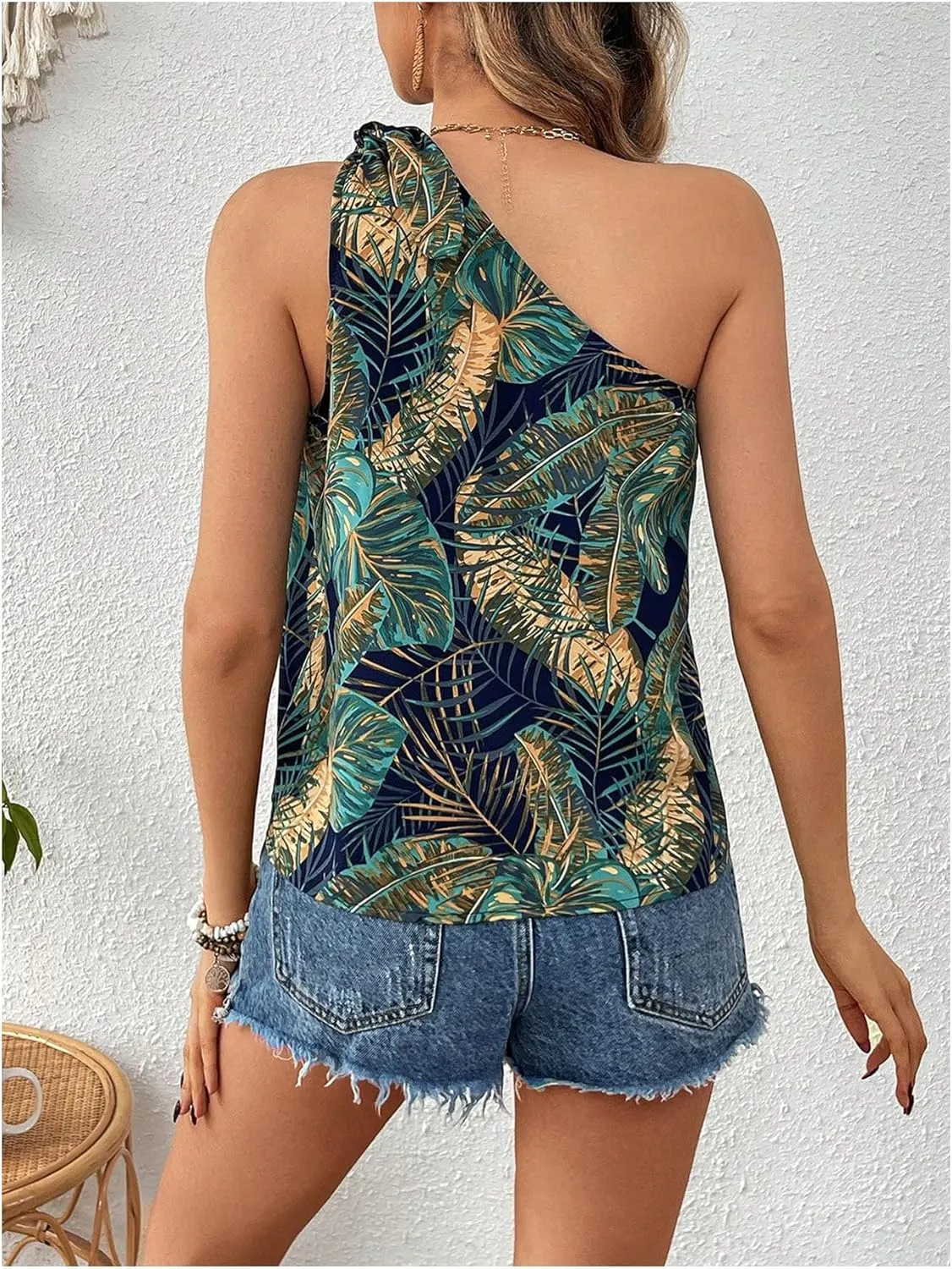 MakeMeChic Women's One Shoulder Blouse Top Tropical Print Tie Side Boho Sleeveless Summer Shirts