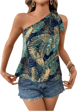 MakeMeChic Women's One Shoulder Blouse Top Tropical Print Tie Side Boho Sleeveless Summer Shirts