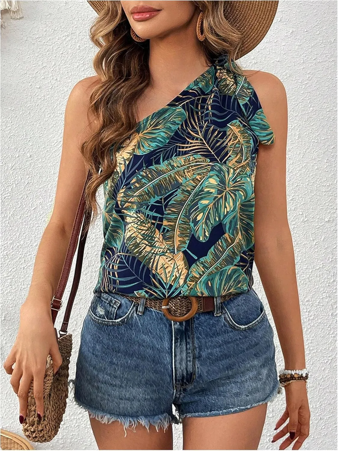 MakeMeChic Women's One Shoulder Blouse Top Tropical Print Tie Side Boho Sleeveless Summer Shirts