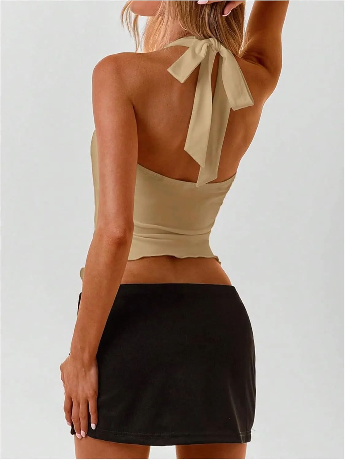 MakeMeChic Women's Wrap Lettuce Trim Halter Top Sleeveless Tie Back Summer Shirts