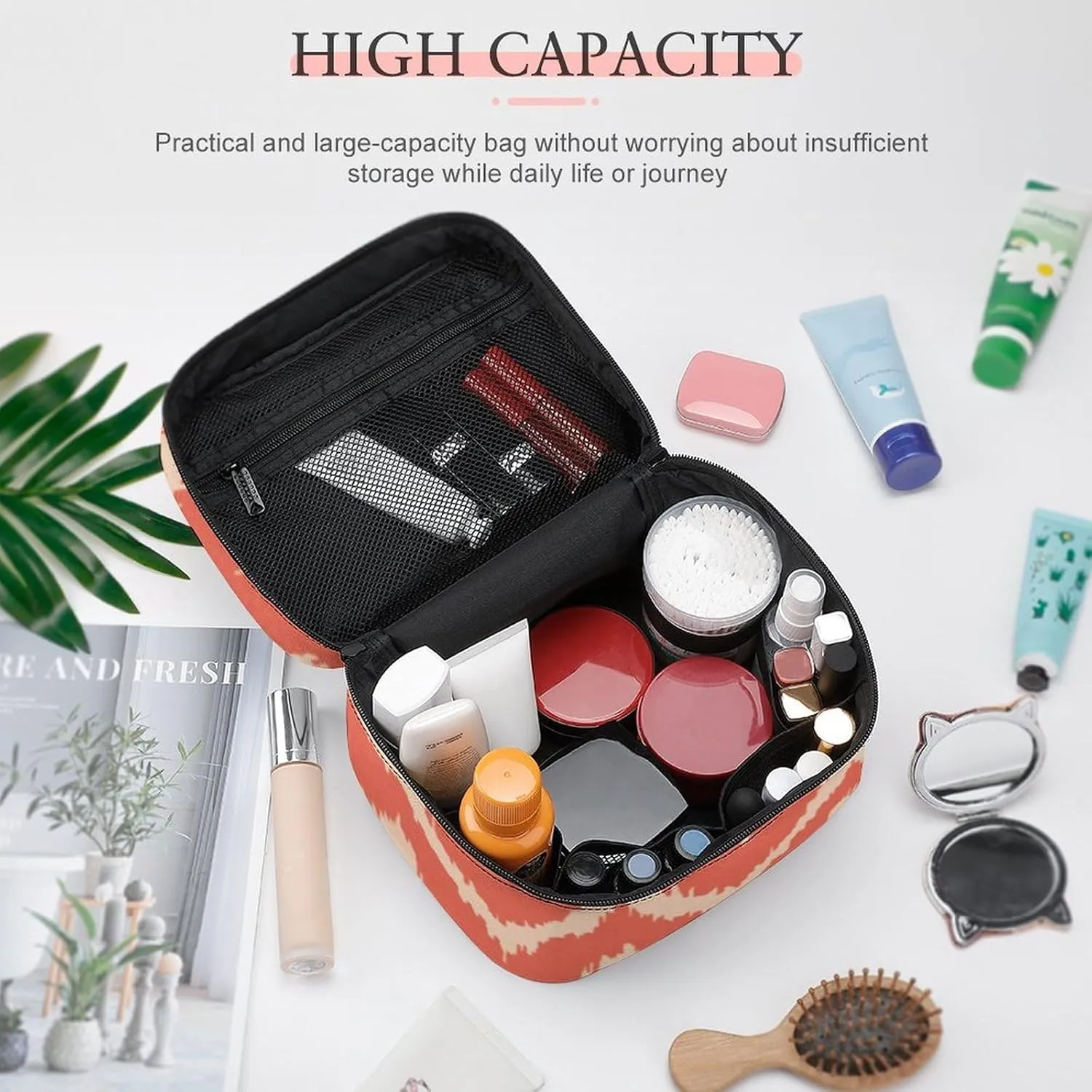Makeup Bag, Modern Chevrons Coral Orange and Peach Travel Cosmetic Bag Makeup Organizer Case Large Capacity Portable Zipper Toiletry Bag for Women