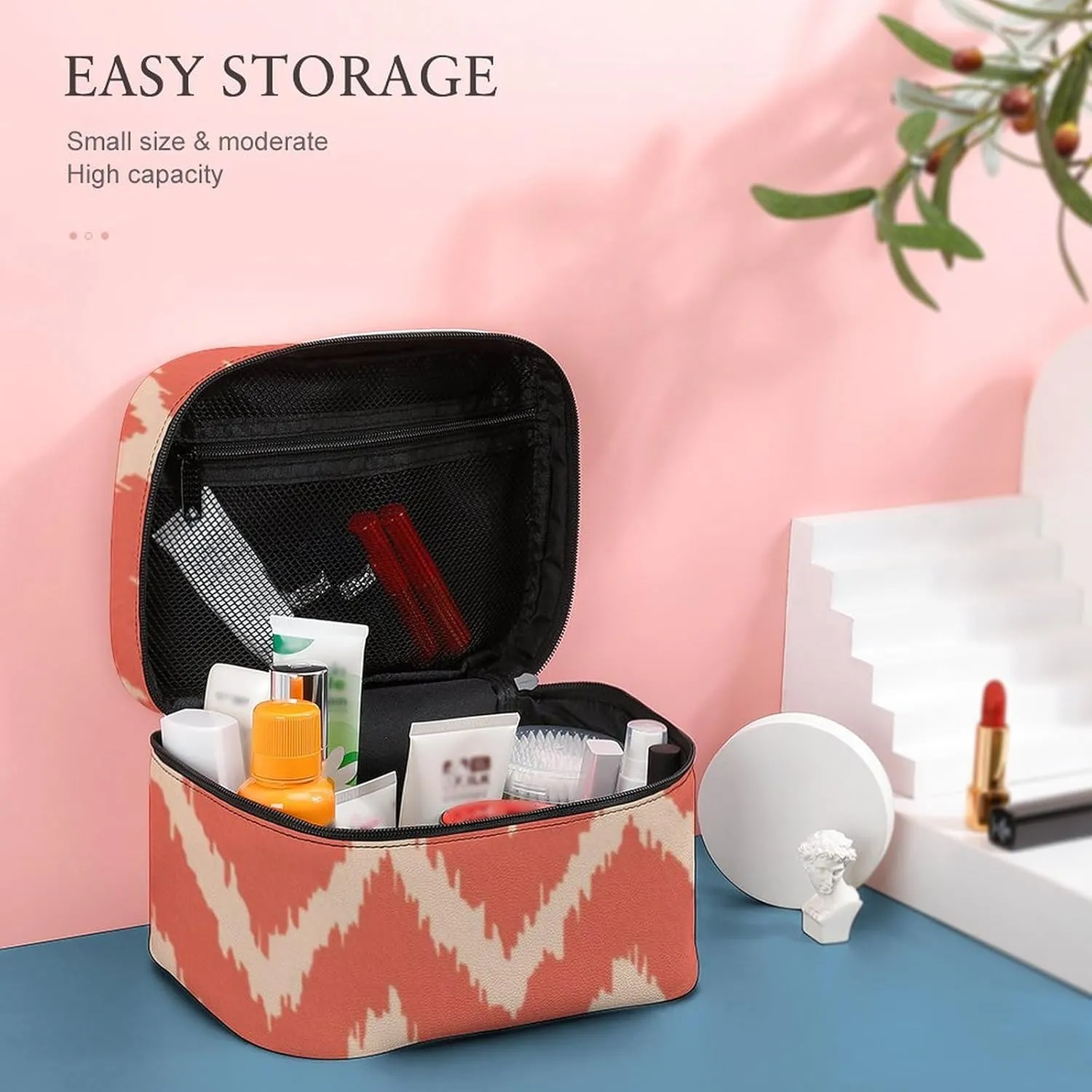 Makeup Bag, Modern Chevrons Coral Orange and Peach Travel Cosmetic Bag Makeup Organizer Case Large Capacity Portable Zipper Toiletry Bag for Women