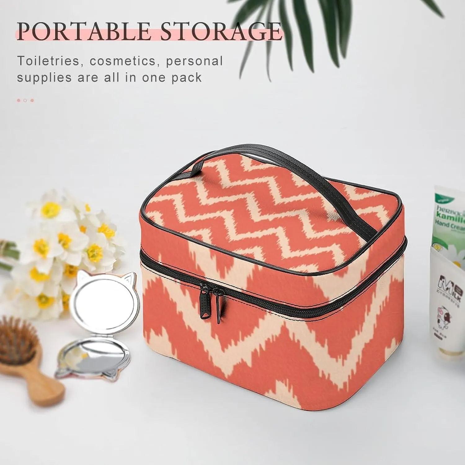 Makeup Bag, Modern Chevrons Coral Orange and Peach Travel Cosmetic Bag Makeup Organizer Case Large Capacity Portable Zipper Toiletry Bag for Women