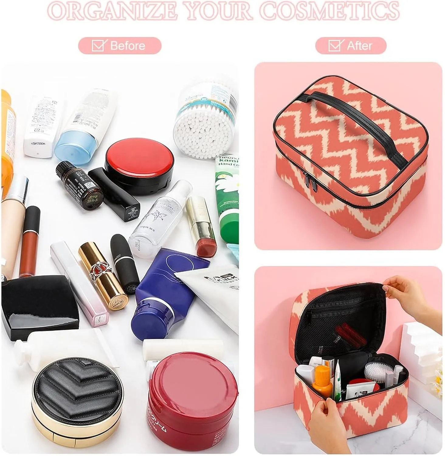 Makeup Bag, Modern Chevrons Coral Orange and Peach Travel Cosmetic Bag Makeup Organizer Case Large Capacity Portable Zipper Toiletry Bag for Women
