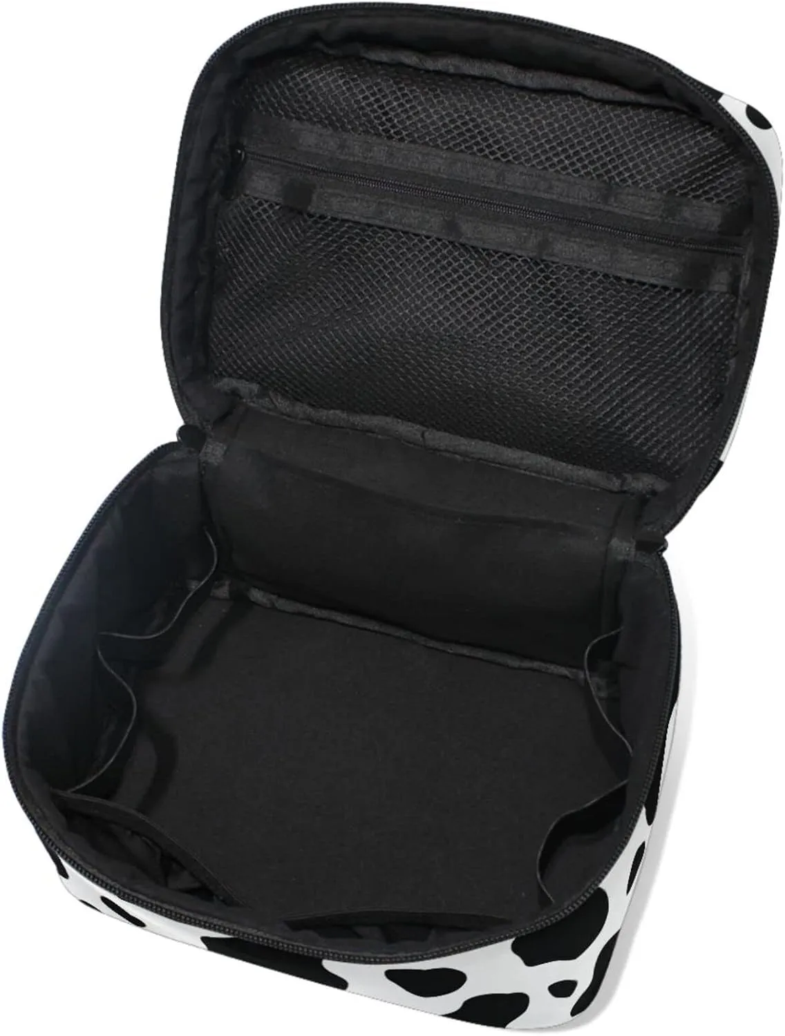 Makeup Train Case Cow Black White Buffalo Korean Carrying Portable Zip Travel Cosmetic Brush Bag Organizer Large for Girls Women