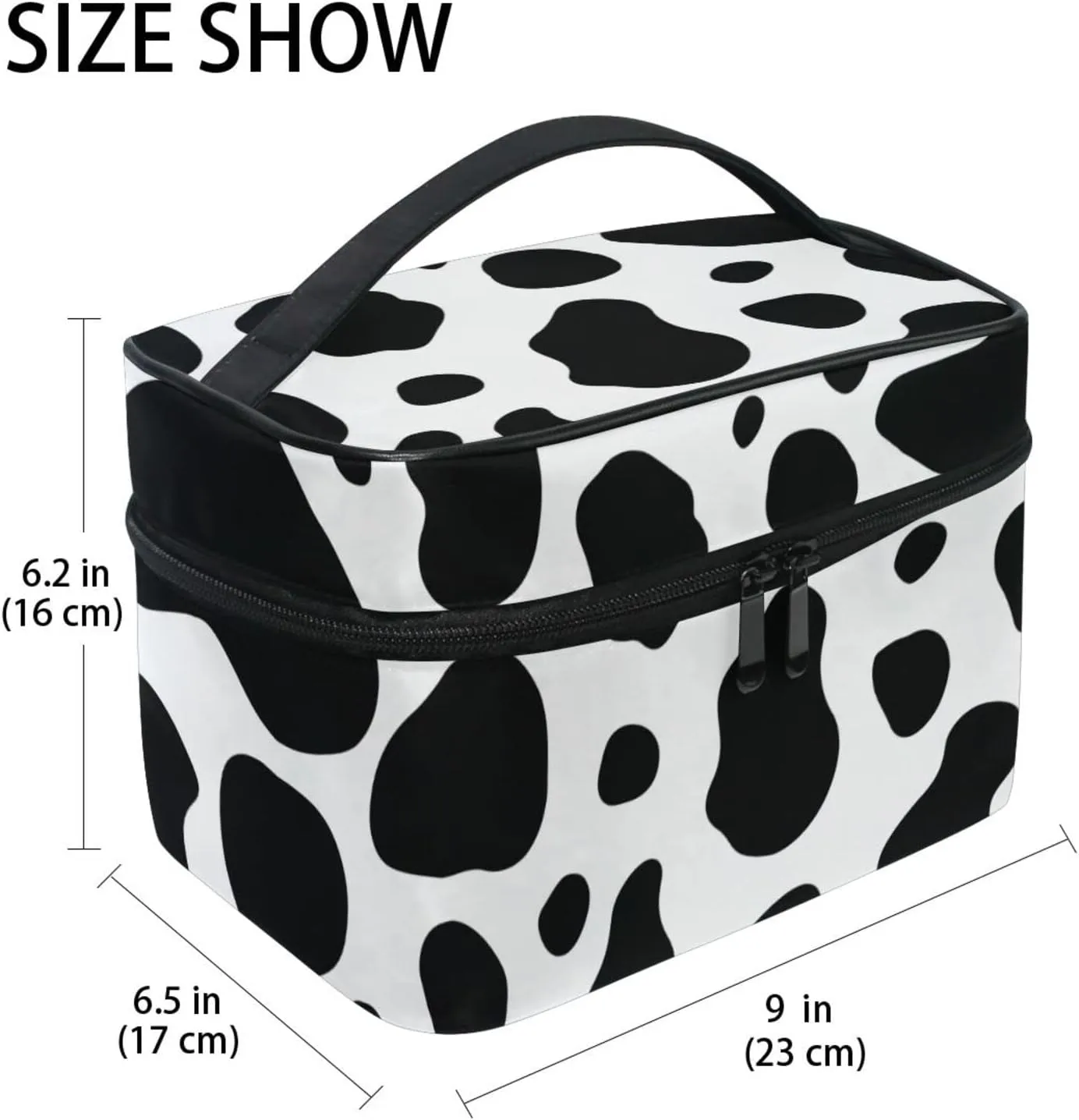 Makeup Train Case Cow Black White Buffalo Korean Carrying Portable Zip Travel Cosmetic Brush Bag Organizer Large for Girls Women