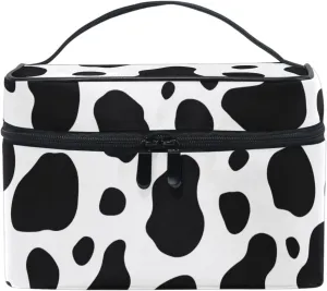 Makeup Train Case Cow Black White Buffalo Korean Carrying Portable Zip Travel Cosmetic Brush Bag Organizer Large for Girls Women