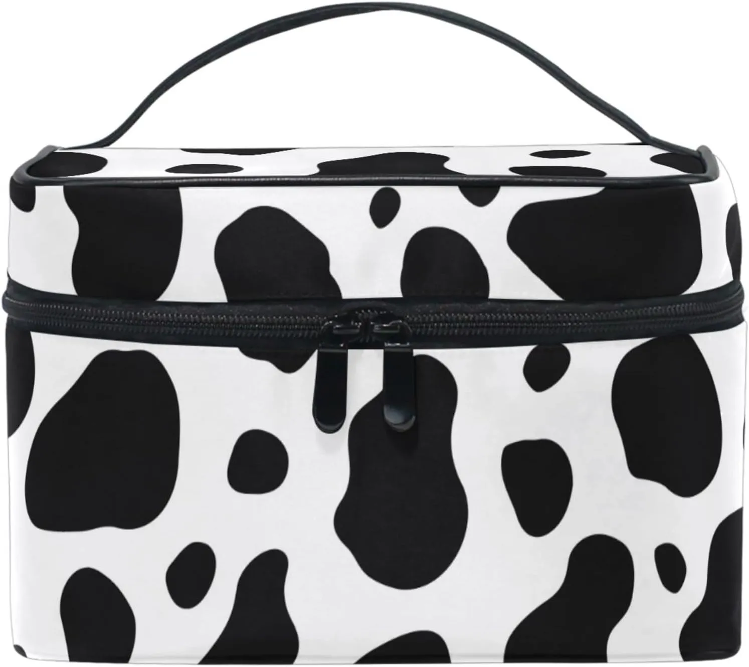 Makeup Train Case Cow Black White Buffalo Korean Carrying Portable Zip Travel Cosmetic Brush Bag Organizer Large for Girls Women