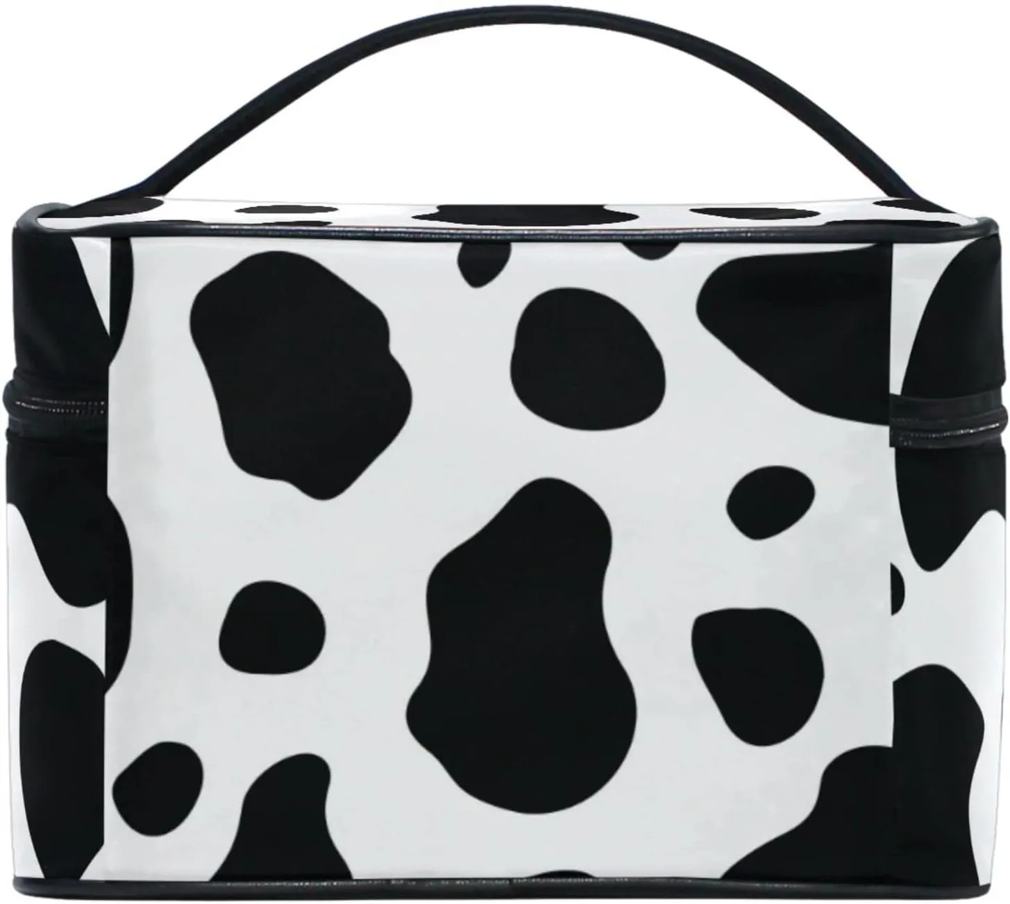 Makeup Train Case Cow Black White Buffalo Korean Carrying Portable Zip Travel Cosmetic Brush Bag Organizer Large for Girls Women
