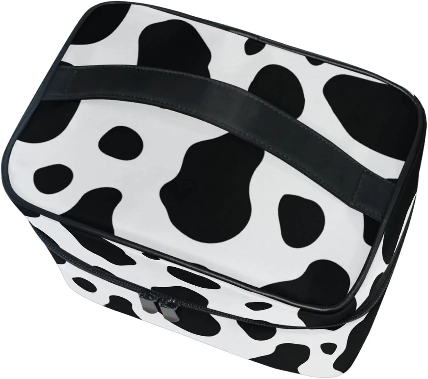 Makeup Train Case Cow Black White Buffalo Korean Carrying Portable Zip Travel Cosmetic Brush Bag Organizer Large for Girls Women