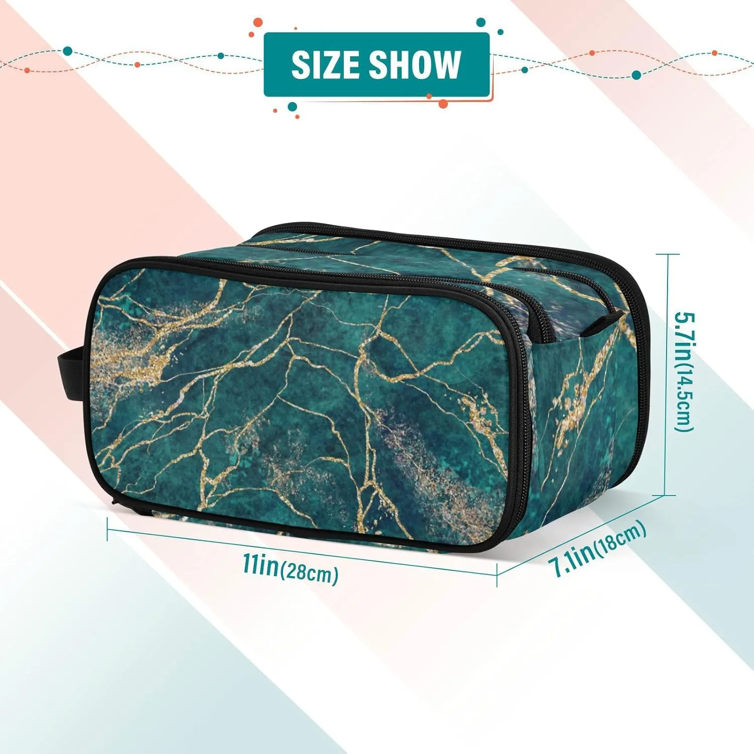 Malachite Green Marble with Gold Glitter Veins, Fake Stone Texture Women's Portable Makeup Bag with Handle, Cosmetic Bag, Travel Cosmetic Bag Durable Toiletry Storage Organizer 11 x 7 x 5.7 inch