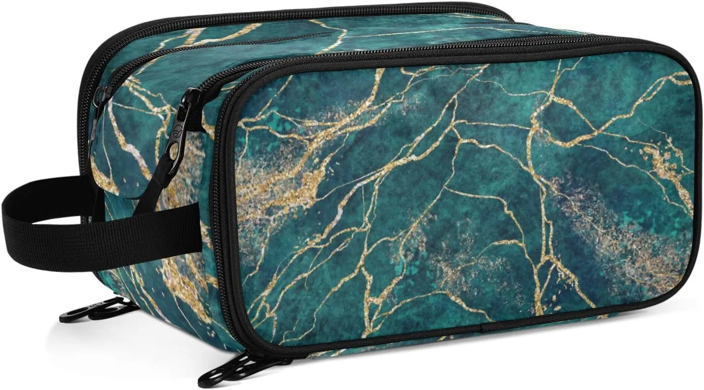 Malachite Green Marble with Gold Glitter Veins, Fake Stone Texture Women's Portable Makeup Bag with Handle, Cosmetic Bag, Travel Cosmetic Bag Durable Toiletry Storage Organizer 11 x 7 x 5.7 inch