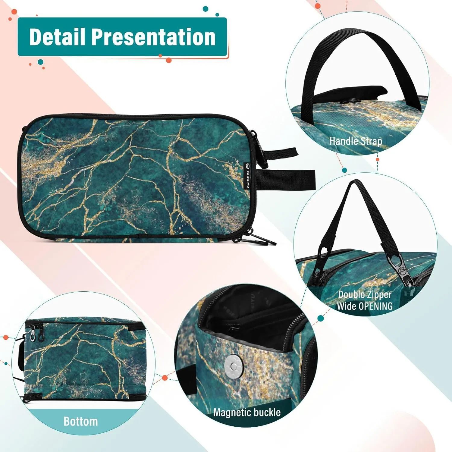 Malachite Green Marble with Gold Glitter Veins, Fake Stone Texture Women's Portable Makeup Bag with Handle, Cosmetic Bag, Travel Cosmetic Bag Durable Toiletry Storage Organizer 11 x 7 x 5.7 inch