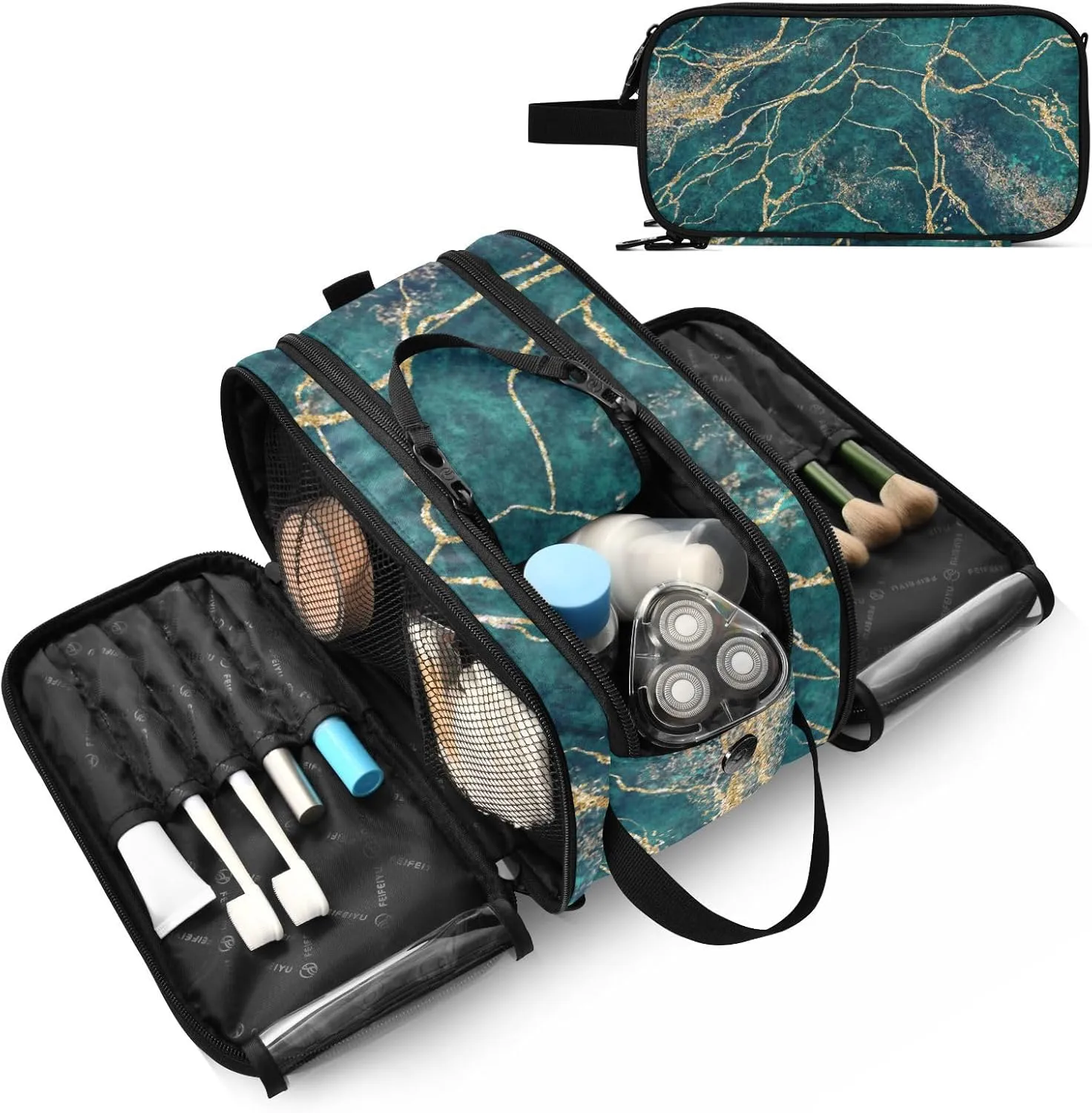 Malachite Green Marble with Gold Glitter Veins, Fake Stone Texture Women's Portable Makeup Bag with Handle, Cosmetic Bag, Travel Cosmetic Bag Durable Toiletry Storage Organizer 11 x 7 x 5.7 inch