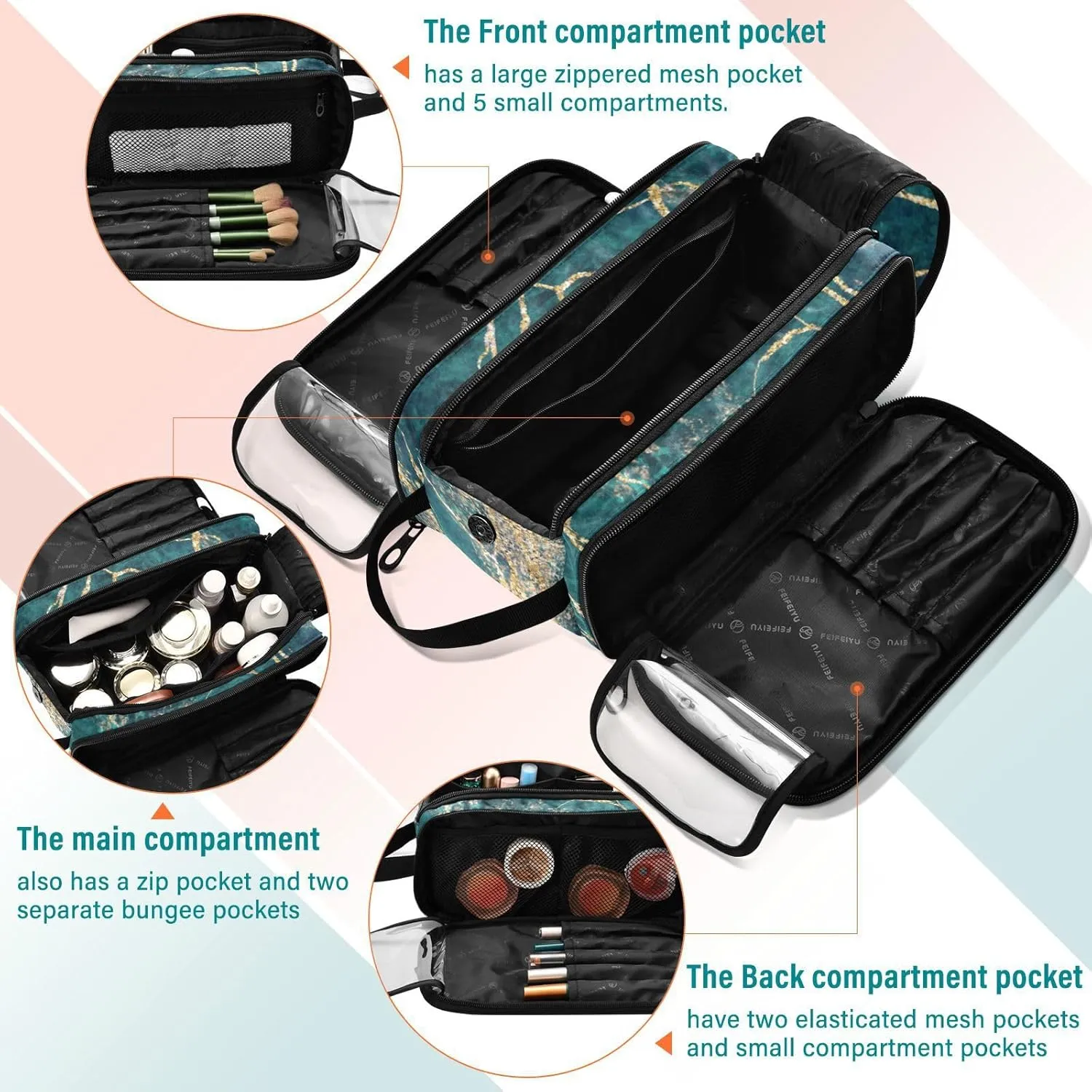 Malachite Green Marble with Gold Glitter Veins, Fake Stone Texture Women's Portable Makeup Bag with Handle, Cosmetic Bag, Travel Cosmetic Bag Durable Toiletry Storage Organizer 11 x 7 x 5.7 inch