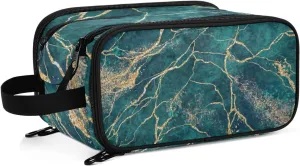 Malachite Green Marble with Gold Glitter Veins, Fake Stone Texture Women's Portable Makeup Bag with Handle, Cosmetic Bag, Travel Cosmetic Bag Durable Toiletry Storage Organizer 11 x 7 x 5.7 inch