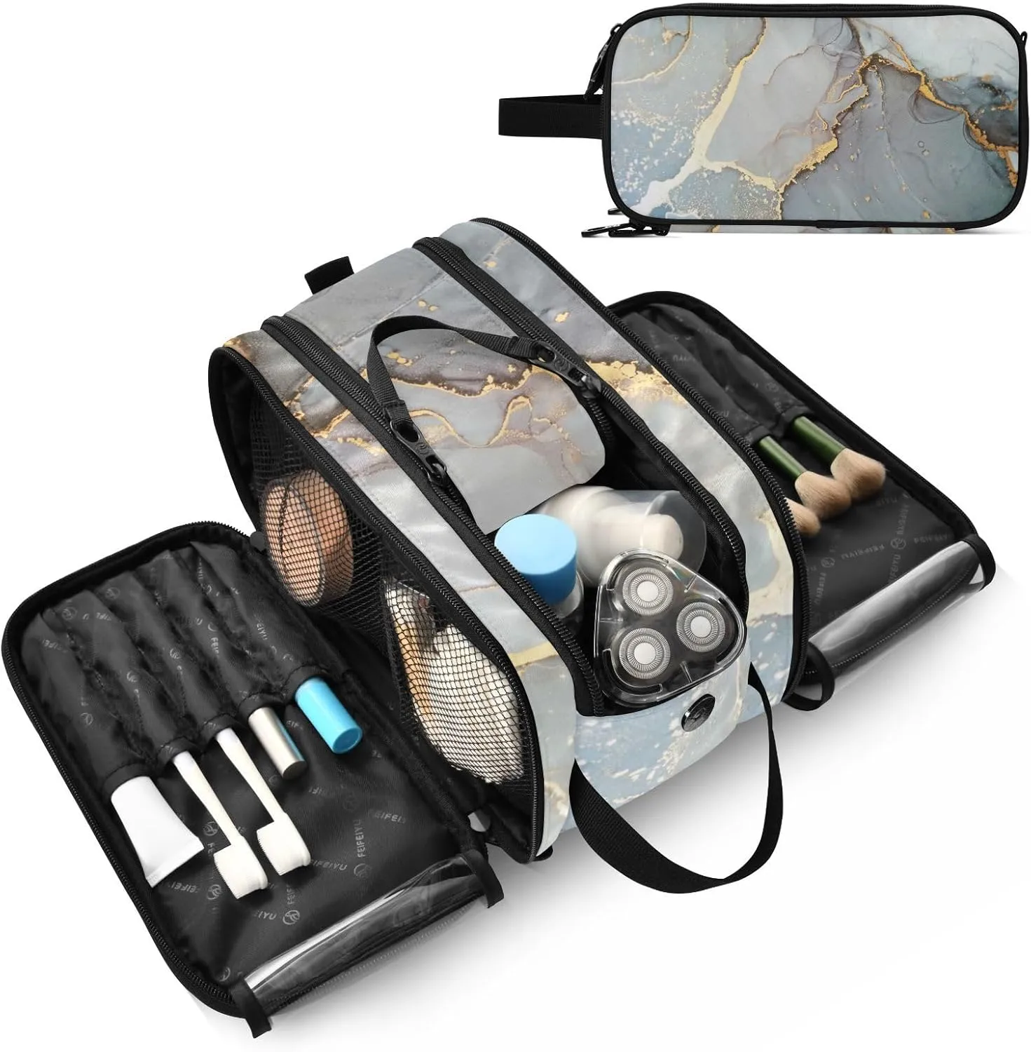 Marble Agate with White and Gold Veins Powder Marbling Surface Women's Portable Makeup Bag with Handle, Cosmetic Bag, Travel Cosmetic Bag Durable Toiletry Storage Organizer 11 x 7 x 5.7 inch