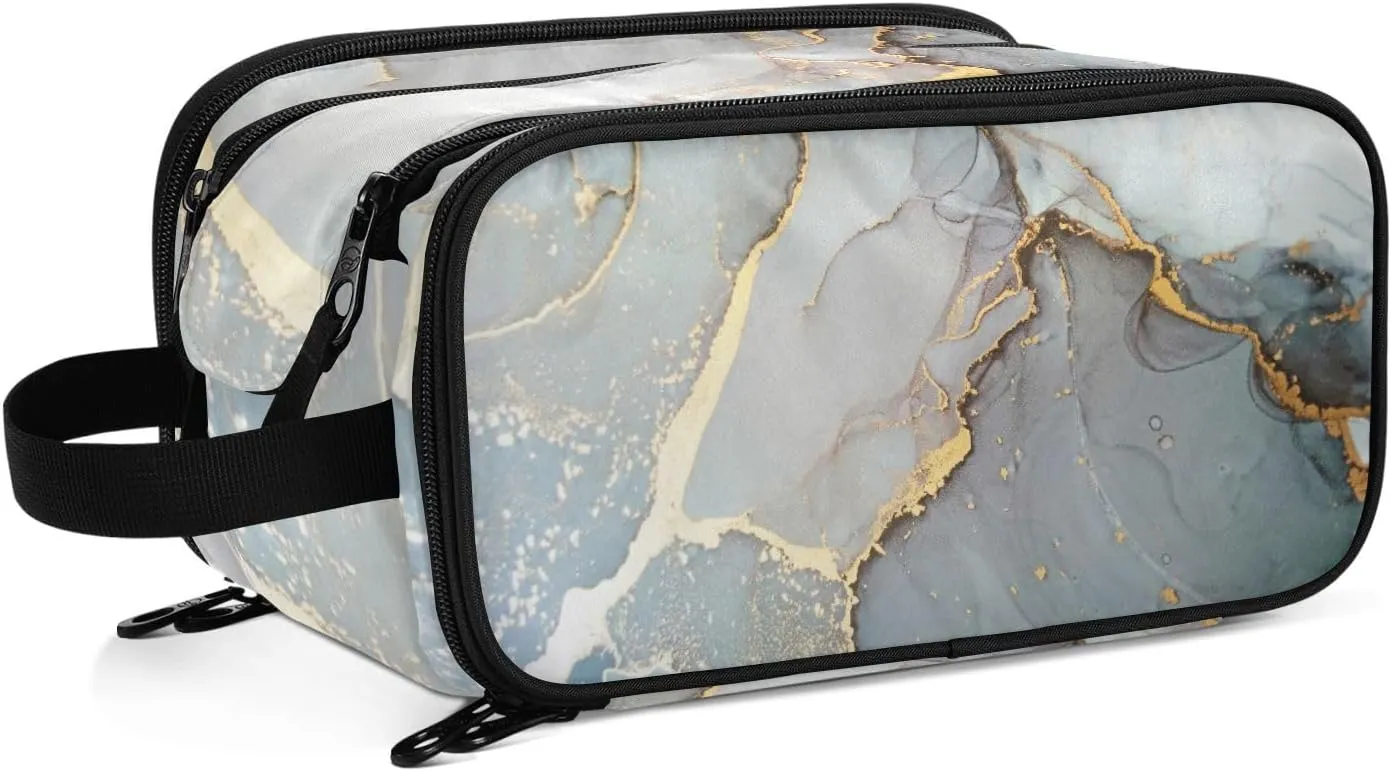 Marble Agate with White and Gold Veins Powder Marbling Surface Women's Portable Makeup Bag with Handle, Cosmetic Bag, Travel Cosmetic Bag Durable Toiletry Storage Organizer 11 x 7 x 5.7 inch