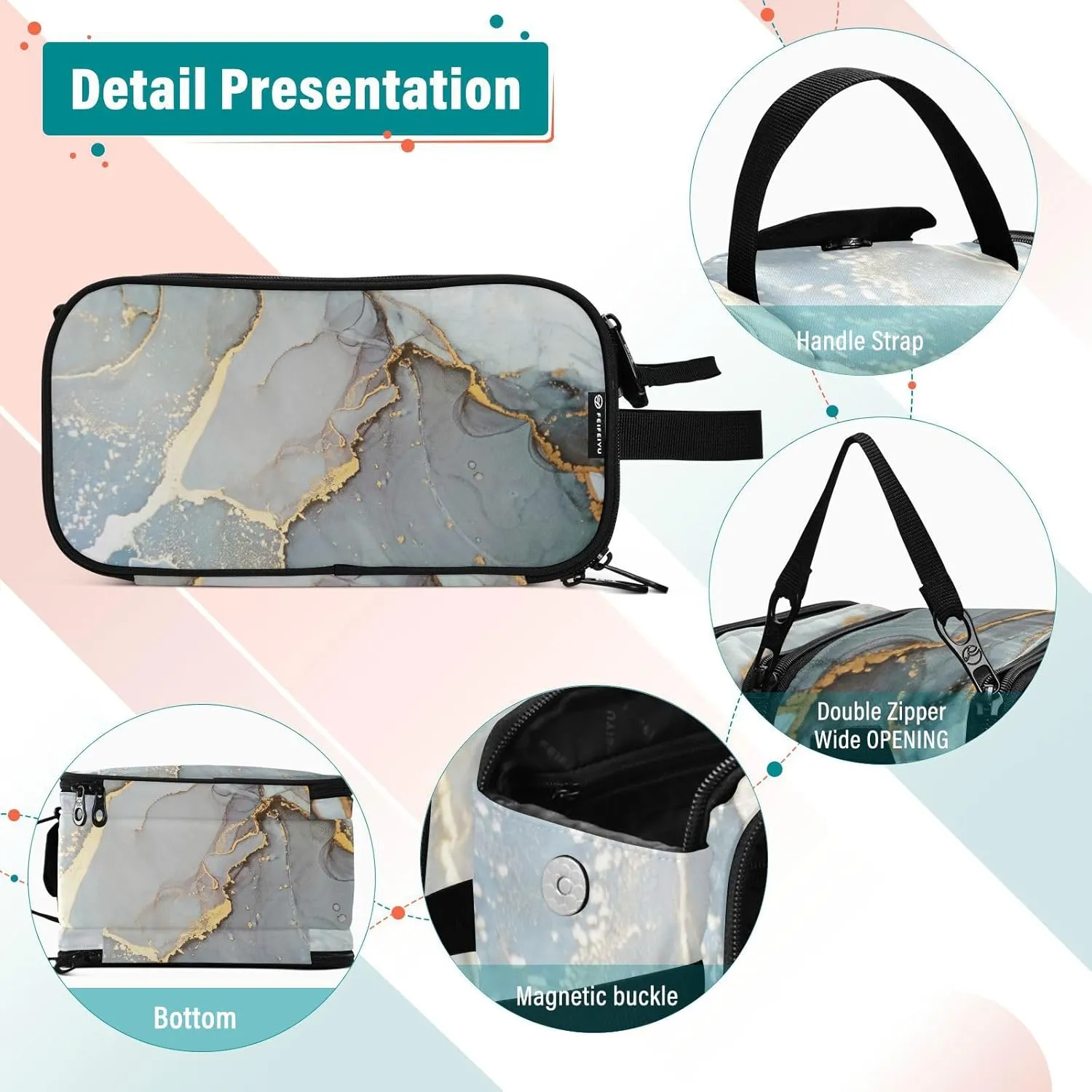 Marble Agate with White and Gold Veins Powder Marbling Surface Women's Portable Makeup Bag with Handle, Cosmetic Bag, Travel Cosmetic Bag Durable Toiletry Storage Organizer 11 x 7 x 5.7 inch