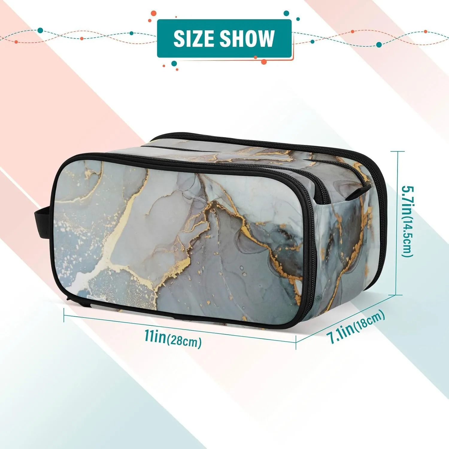 Marble Agate with White and Gold Veins Powder Marbling Surface Women's Portable Makeup Bag with Handle, Cosmetic Bag, Travel Cosmetic Bag Durable Toiletry Storage Organizer 11 x 7 x 5.7 inch