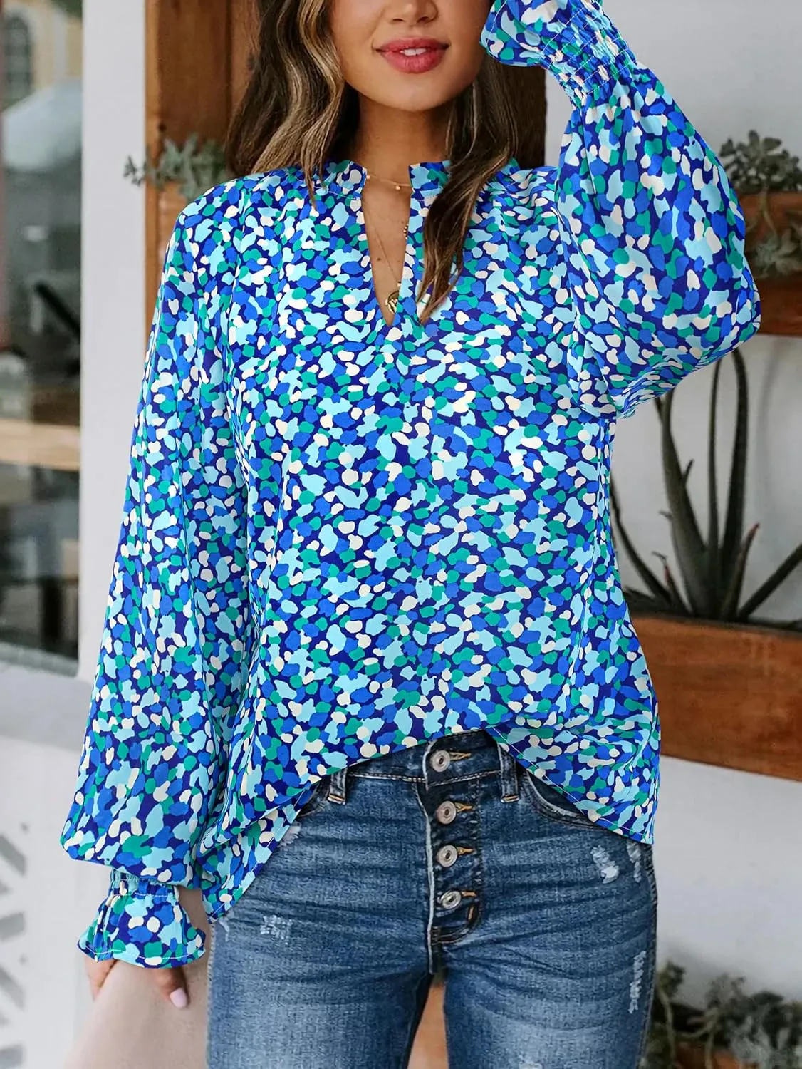 MASCOMODA Casual Spring Summer Chiffon Puff V Neck Trendy Tops for Womens 2025 Floral Dressy Long Sleeve Blouses Work Shirts